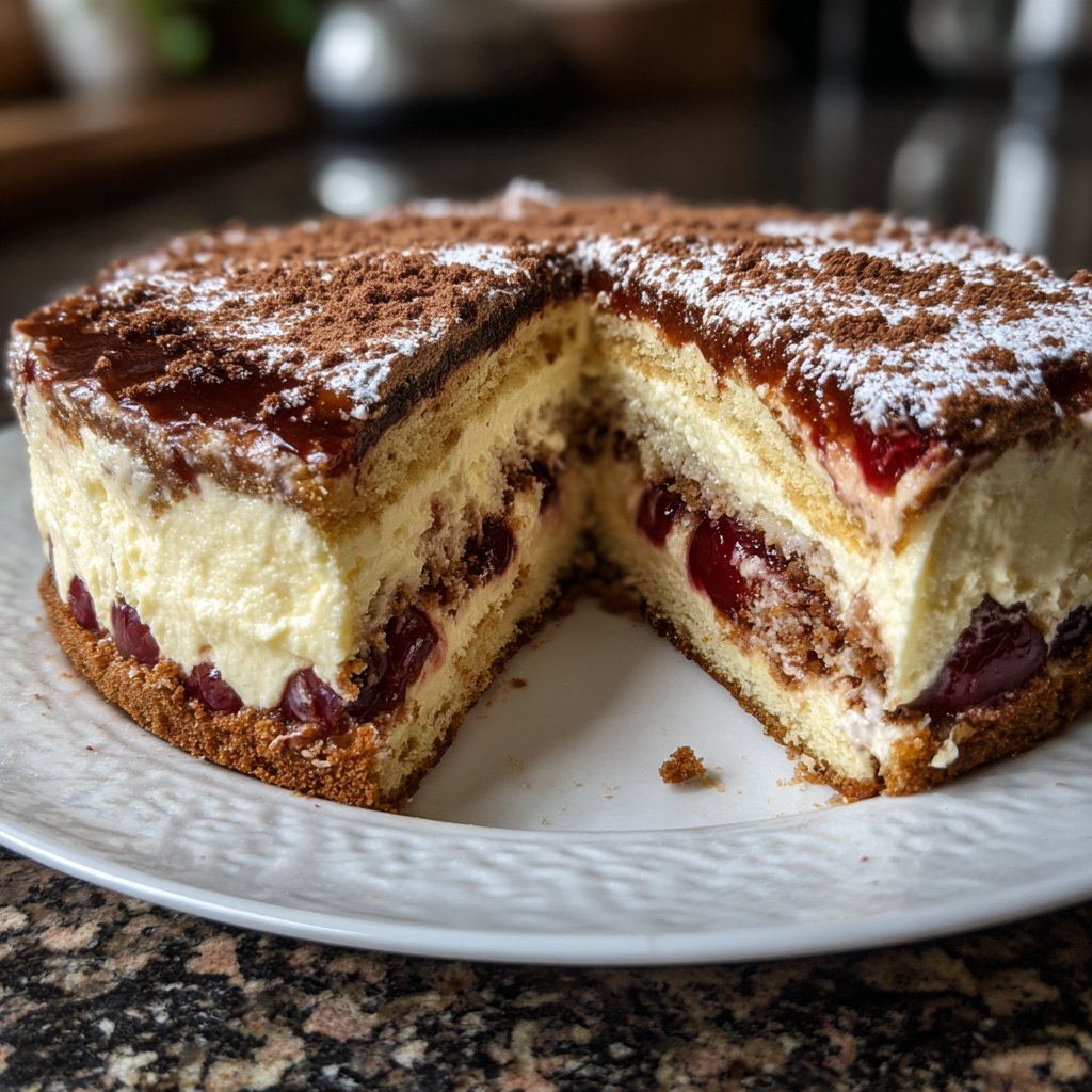 Blechkuchen mit Kirschen und Pudding
