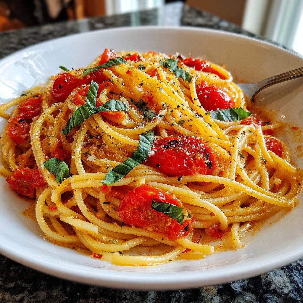 Spaghetti mit Tomaten und Basilikum